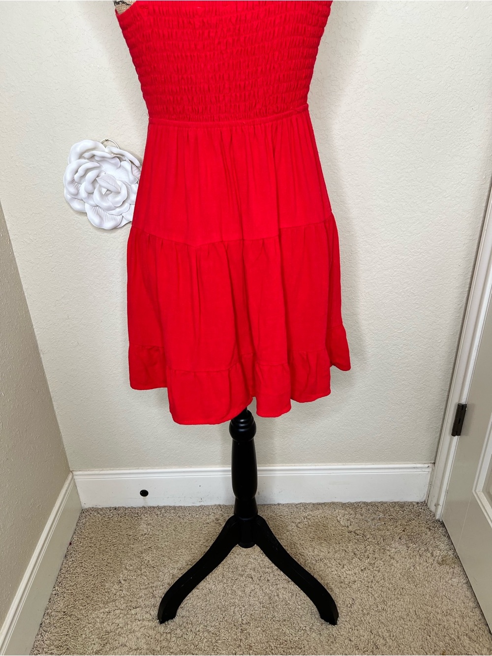 NTM: Morceau Los Angeles Red Linen Blend Tiered Mini Dress Smocked Back M - Picture 12 of 16